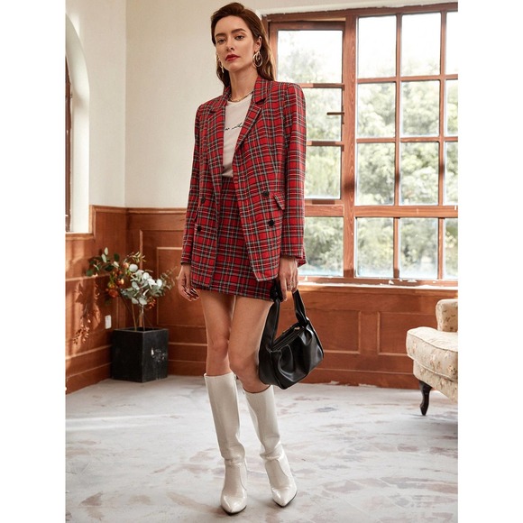 2 piece skirt set: Double Breasted Tartan plaid Blazer & mini Skirt red - Picture 6 of 11